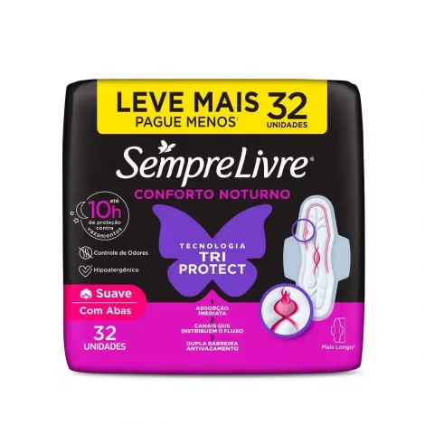 Sempre Livre Absorvente Noturno Suave com Abas 32 unidades toque-macio fluxo-intenso