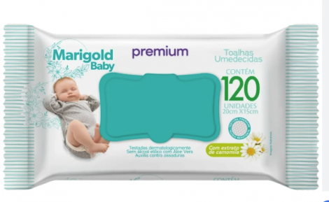 Marigold Baby Toalha Umedecida Premium Camomila 120 unidades calmante hidratante