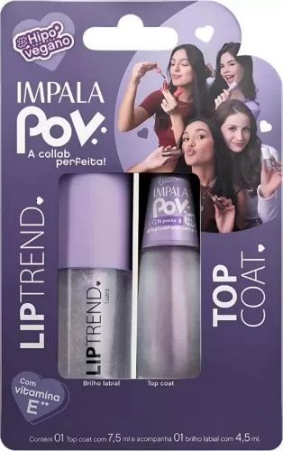 Kit Impala POV Top Coat 7ml + Gloss Labial Luara 7ml brilho hidratante vegano hipoalergênico