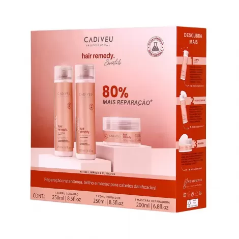 Cadiveu Hair Remedy Kit Shampoo 250ml Condicionador 250ml Máscara 200ml reparador hidratante fortalecedor