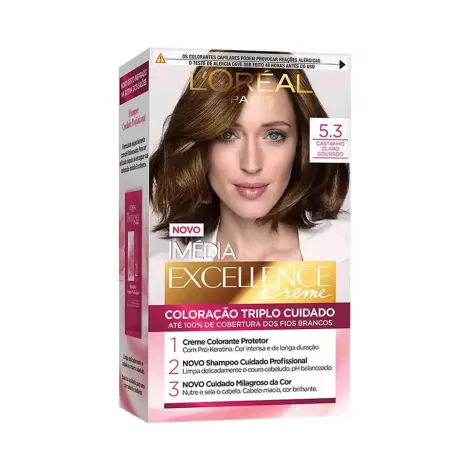Tintura Permanente L’Oréal Paris Imédia Excellence 5.3 Castanho Claro Dourado cor luminosa tripla proteção